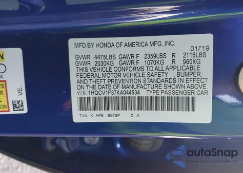 2019 Honda Accord Sport z USA, uszkodzony, nr VIN 1HGCV1F37KA044534
